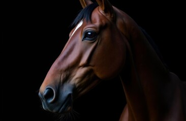 Beautiful bay horse in half turn on black background. Low key photo