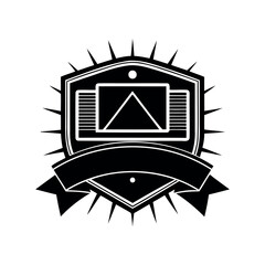 Black and white shield crest with triangle, banner and spike elements