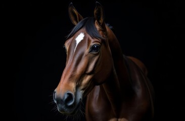 Beautiful bay horse in half turn on black background. Low key photo