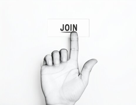 Pixelated Hand Cursor Clicking a "Join" Button on white background 