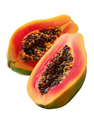 Two halves of a papaya, vibrant red-orange flesh, showing seeds