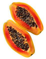 Two halves of a papaya, vibrant orange-red flesh, dark seeds (2)