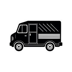 Black and white vector image of a classic delivery van in silhouette