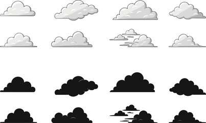 Cloud vector icon set, cartoon clouds collection, black and white weather symbols, flat cloud illustration, sky elements clipart design