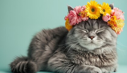 a serene gray cat with closed eyes peacefully rests while wearing a vibrant floral crown against a light teal background.