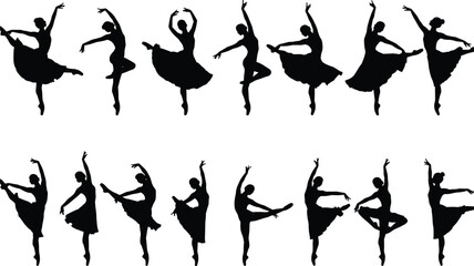 Silhouette of elegant ballerinas dancing, ballet poses collection, female dancers in motion, graceful movement, classical dance art silhouettes, black background