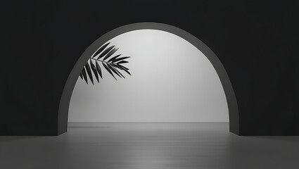 Fototapeta premium A minimalist interior scene featuring a dark arched doorway opening into a brightly lit space with a single palm leaf visible