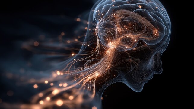 An abstract visualization of a human brain silhouette with intricate, glowing neural pathways on a dark cosmic background.