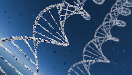 A 3D illustration of several DNA double helix strands with a shallow depth of field.For science articles, medical websites, biotech presentations, or educational content.
