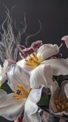 Close up of white and purple tulips with delicate feathers. Floral decoration for greeting card, mother's day, Spring. Abstract vertical background flower.