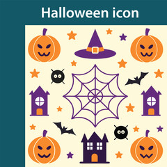 Collection of cute halloween icons including pumpkins witches hats spiders webs bats and haunted houses
