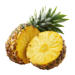 Two halves of a pineapple, fresh and ripe.  Bright yellow flesh, contrasted by green leaves.  Natural light, studio shot