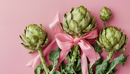 Obraz premium a flat lay of fresh green artichokes tied with a pale pink ribbon against a matching pink background.