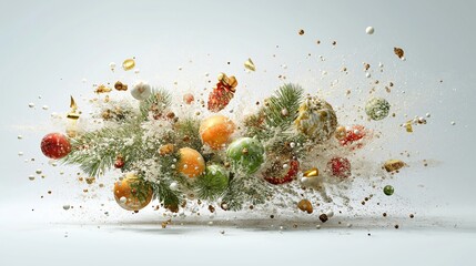 Holiday decoration explosion with pine branch, colorful ornament, festive bauble, gold accent, snow, and joyful celebration energy, creating dynamic seasonal atmosphere