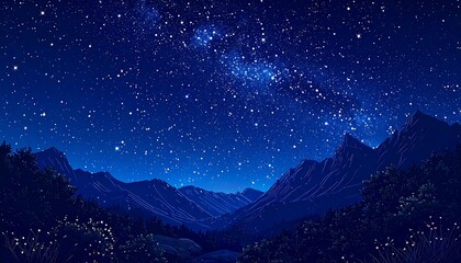 Fototapeta premium A serene, stylized digital painting of a night sky filled with brilliant stars and a visible Milky Way, viewed above silhouetted mountains and shadowy foliage