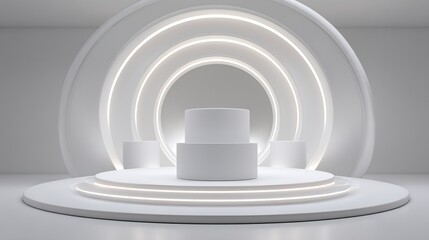 Obraz premium Minimalist All-White Product Showcase Stage with Circular Neon Accents for Modern Presentation