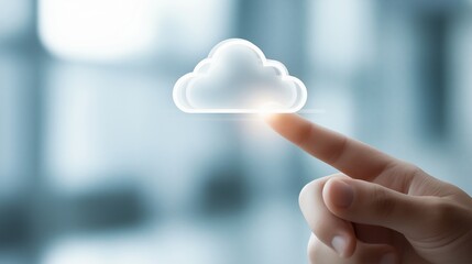 Cloud computing icon touchscreen glass technology digital hand finger modern innovation connection futuristic business data network virtual interface communication internet concept blue blurred