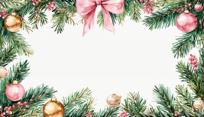 Fototapeta premium a delicate watercolor frame of evergreen boughs, golden and blush ornaments, and a soft pink bow creates a festive holiday border.