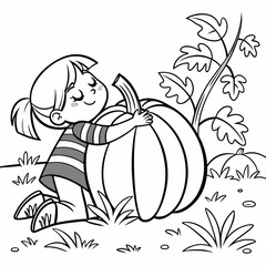 Girl embrace pumpkin at pumpkin patch vector illustration of coloring page black and white