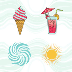 Delicious refreshing treats for a perfect summer day vacation with sun and swirls