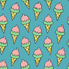 Seamless Pattern of Pink and Green Ice Cream Cones