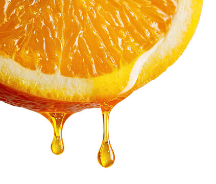 Close-up of an orange slice with dripping juice