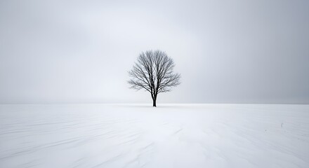 Solitary bare tree stands in a vast, snow-covered field under a stark, overcast sky.