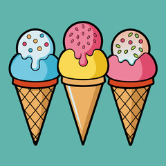 Three Colorful Ice Cream Cones with Sprinkles