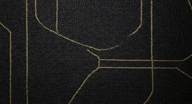 A dark fabric showcases a design of interwoven, geometric lines in gold thread, creating a modern and sophisticated textile pattern.