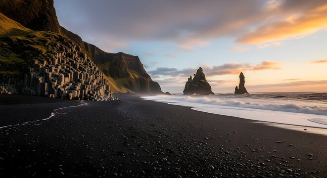 Dramatic black sand beach with towering rock formations at sunset