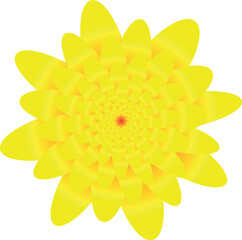 Bright yellow mandala flower with abstract petals, circular decorative vector illustration.
