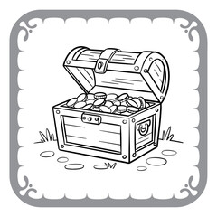 Monochrome Treasure Chest Filled with Coins Surrounded by a Decorative Gray Frame for a Coloring Book Adventure