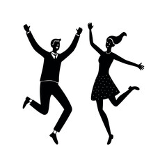 Silhouetted figures of a man and woman jumping with joy, on white background