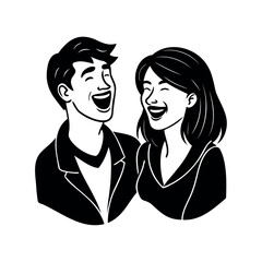 Monochrome illustration of a happy couple laughing together, sharing a joyful moment
