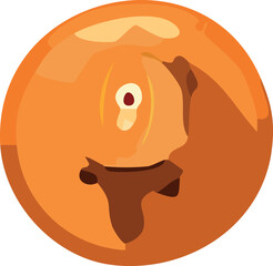 Cartoon illustration of a melting orange candy or sweet with a single eye and a dark brown drip.