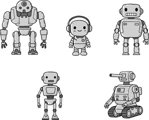 Cute robot collection illustration, futuristic technology characters, cartoon cyborgs, friendly androids, AI, mechanical design, artificial intelligence, digital bots, tech innovation