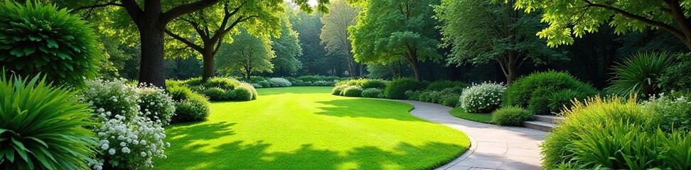 Naklejka premium Serene landscape design featuring lush greenery, winding pathways, and meticulously manicured lawns A tranquil oasis perfect for relaxation and outdoor enjoyment , clouds, rolling hills, park