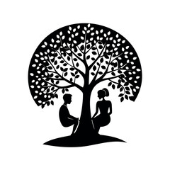 Silhouette image of couple sitting at base of a leafy tree