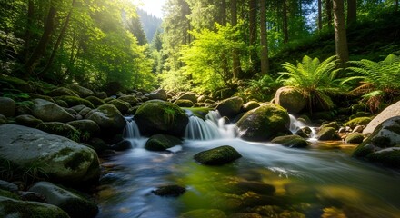 Serene forest stream flows over mossy rocks with sunlight filtering through lush green trees.