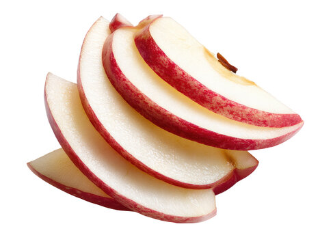 Sliced red apple, close-up.  Layered apple slices with vibrant red edges and pale white interior