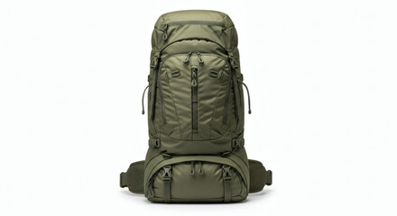 Fototapeta premium Rugged green hiking backpack on white, adventure-ready gear for outdoor excursions.