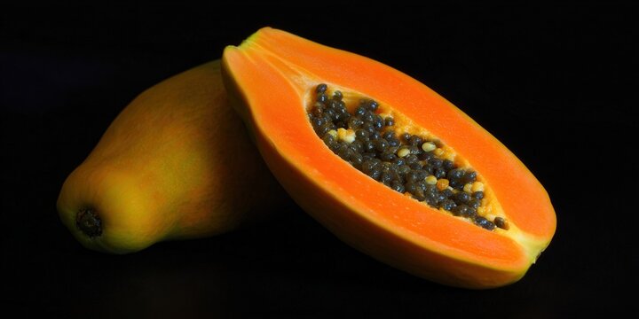 A close-up of a ripe papaya fruit, cut open to reveal its juicy interior and seeds.