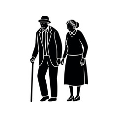 Stylized senior couple walking together, holding hands in black and white