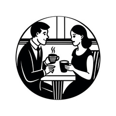 Elegant couple enjoying coffee together, set within a circular illustrative design