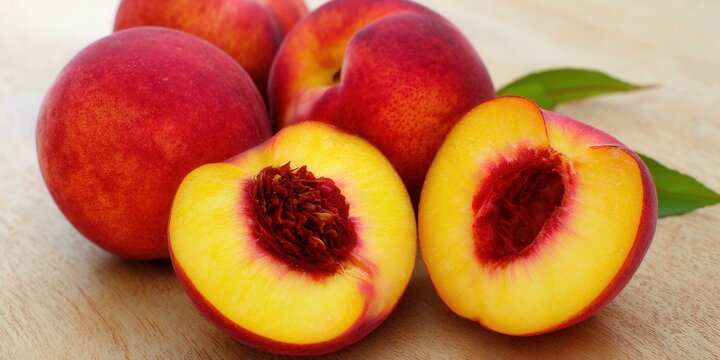 A close-up shot of fresh, ripe nectarines with one cut open, showing a vibrant interior.