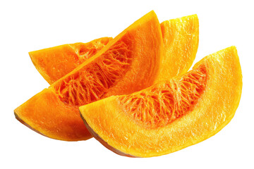 Close-up of three fresh, sliced pumpkin segments.  Bright orange-yellow flesh, with visible fibrous interior.  Isolated on black background