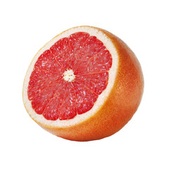 Close-up of a juicy grapefruit half, vibrant red-pink flesh, segmented, isolated