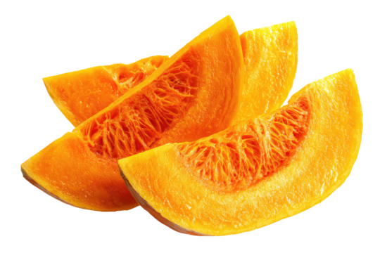 Close-up of three fresh, sliced pumpkin segments.  Bright orange-yellow flesh, with visible fibrous interior.  Isolated on black background