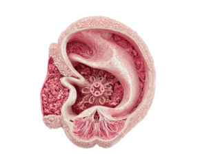 Cross-section of a human organ, highlighting intricate internal structures.  Complex, detailed anatomy, pale pink tones