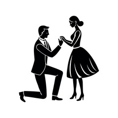 Elegant black and white illustration of a marriage proposal with loving couple
